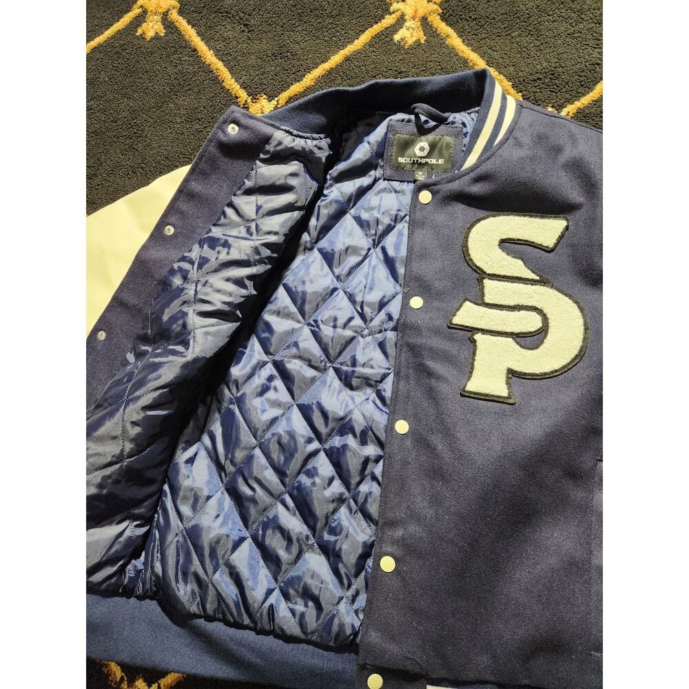 Southpole Men’s Varsity Jacket M Blue White Snap Front Logo Patch Lined - Picture 6 of 8
